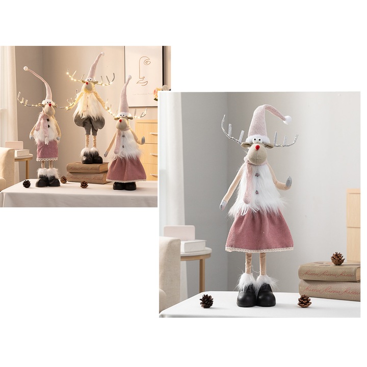 Figurina Craciun, 7&7, Pani Renifer, 93x70cm, cu picioare telescopice, cu rochii si coarne luminoase