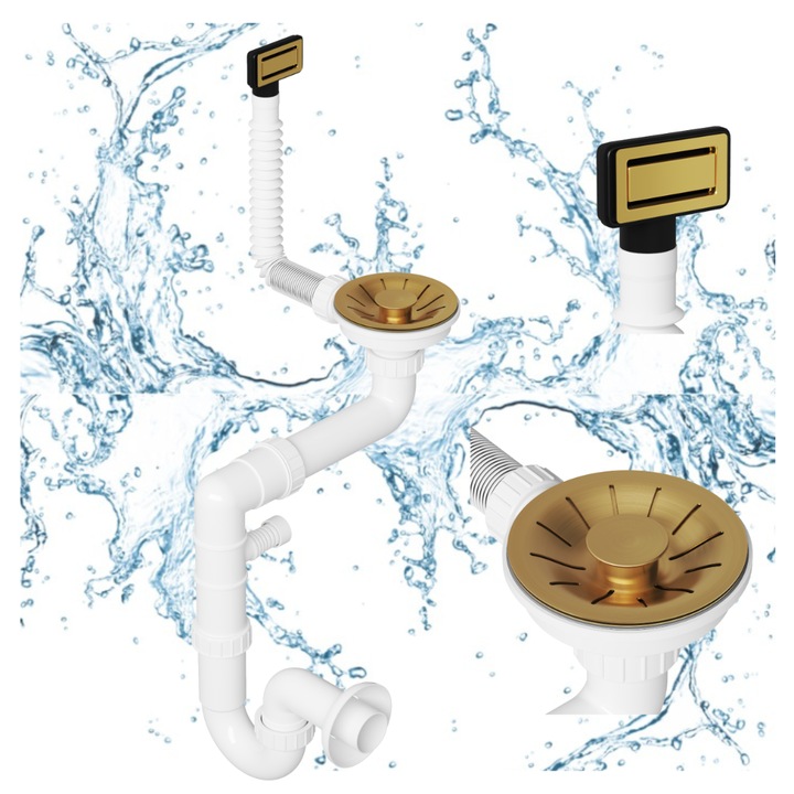 Sifon Pentru Chiuveta Bucatarie Din Otel Lux, Granitan, Buton Clic-On, Capac De Scurgere Cromat, Revarsare Dreptunghiulara, Instalare Usoara Si Rapida, Diametru Scurgere 115 mm, Alb/Auriu