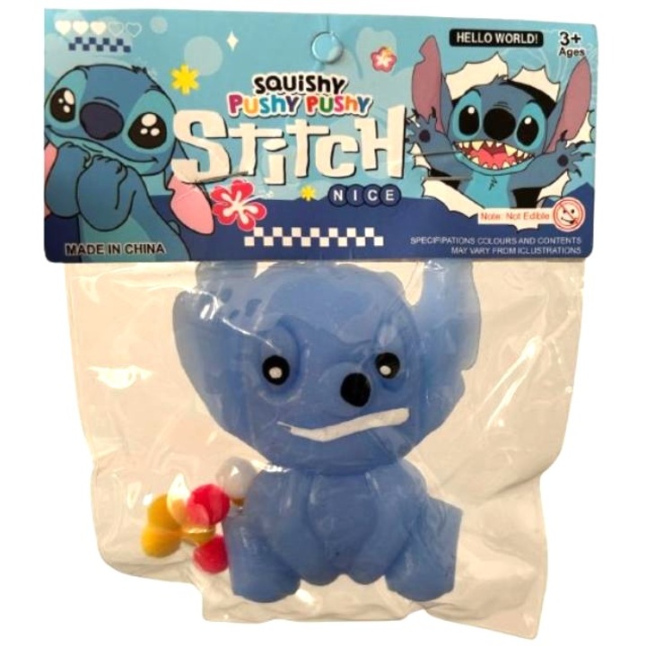 Играчка Stitch Squishy, антистрес, синя, 10 см, мека и гумена