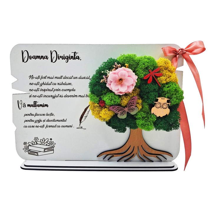 Tablou Decorativ cu Copac bej deschis, Licheni Stabilizati si Funda – Cadou Special pentru Diriginta, dimensiune 25x18 cm