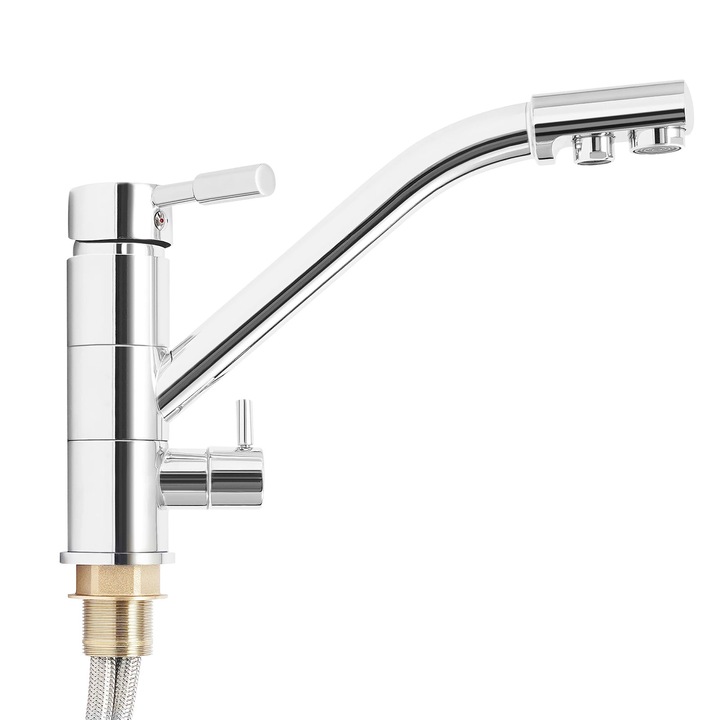 Baterie de bucatarie 3‑in‑1, Robinet cu filtru de apa, Apa calda/rece si purificata, 360° rotativ, Dus extractibil, Cartus ceramic, Alama, Argintiu