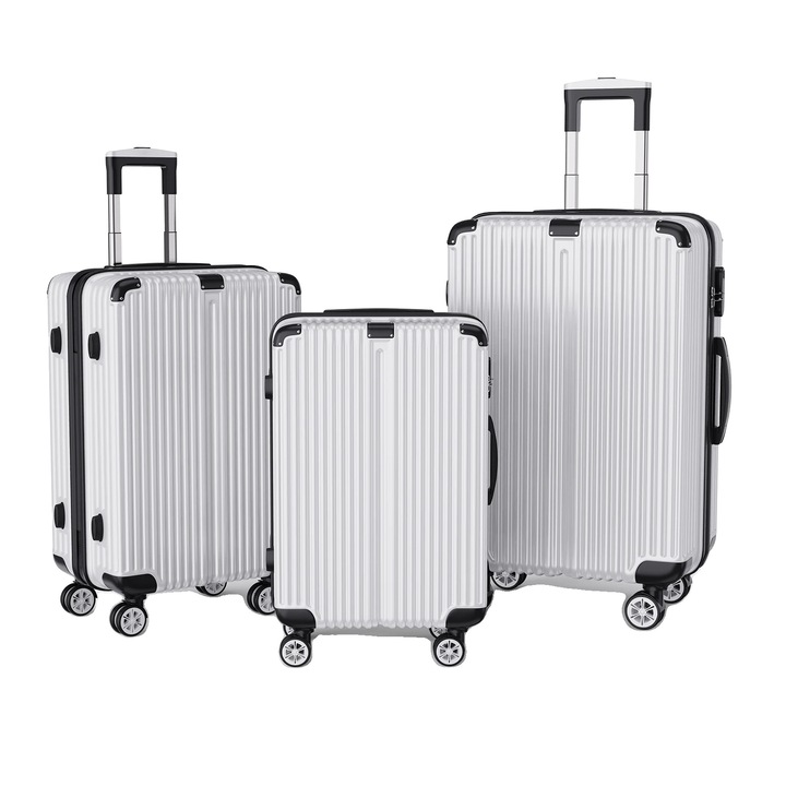 Комплект колички от 3 части, ABS, въртящи се на 360 градуса колела, сребрист, 20x24x28 инча