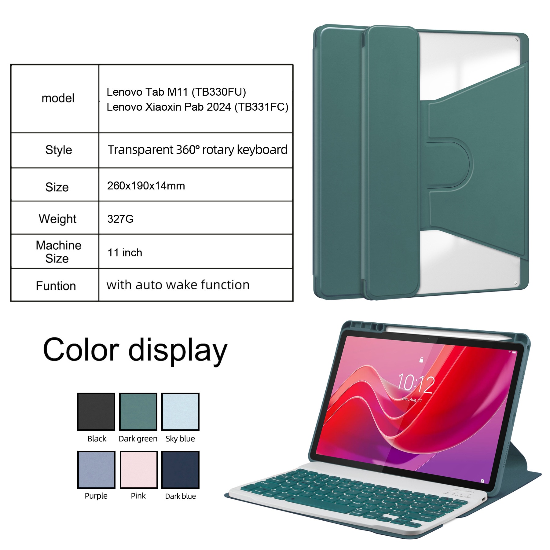 Pentru Lenovo Xiaoxin Pad 2024, 11-inch TB-331FC, Tab M11 11-inch 2023 TB-330FU, Premium PU Leather Folding Stand, piele transparenta, 360 de grade pivotant, inteligent Auto Sleep Wake cu Pen Holder caz de protectie, Albastru inchis