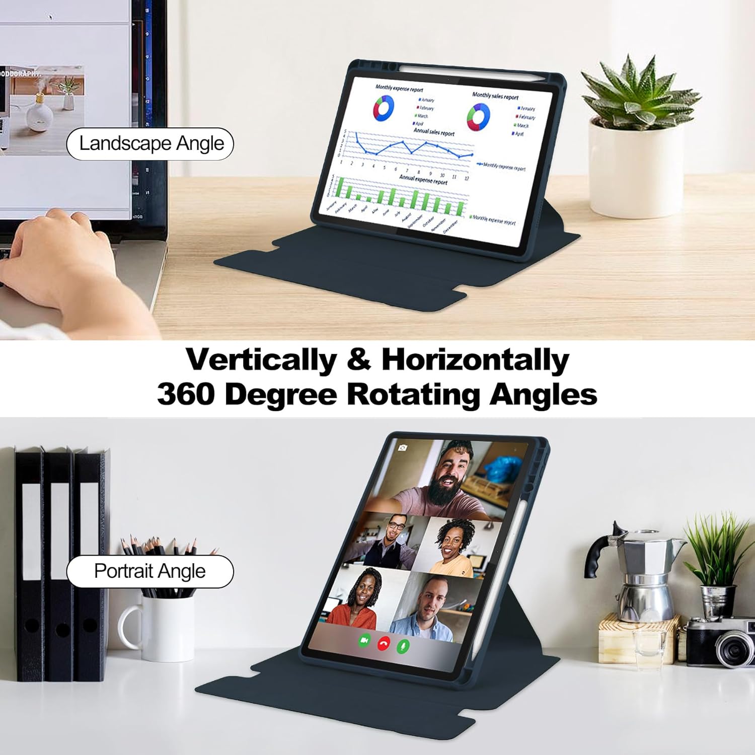 Pentru Lenovo Xiaoxin Pad 2024, 11-inch TB-331FC, Tab M11 11-inch 2023 TB-330FU, Premium PU Leather Folding Stand, piele transparenta, 360 de grade pivotant, inteligent Auto Sleep Wake cu Pen Holder caz de protectie, Albastru inchis