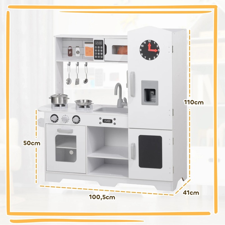 Játékkonyha gyerekeknek, mikrohullámú sütő, sütő, csap, fehér