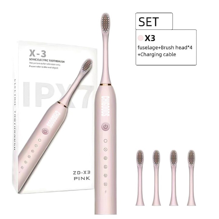 Sonic elektromos fogkefe, 32000-42000 impulzus/perc, 6 program, 800mAh, USB-C, IPX7, 4 fej, rózsaszín