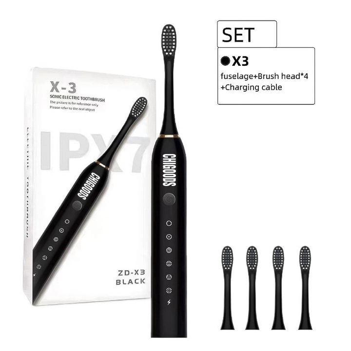 Sonic elektromos fogkefe, 32000-42000 impulzus/perc, 6 program, 800mAh, USB-C, IPX7, 4 fej, fekete