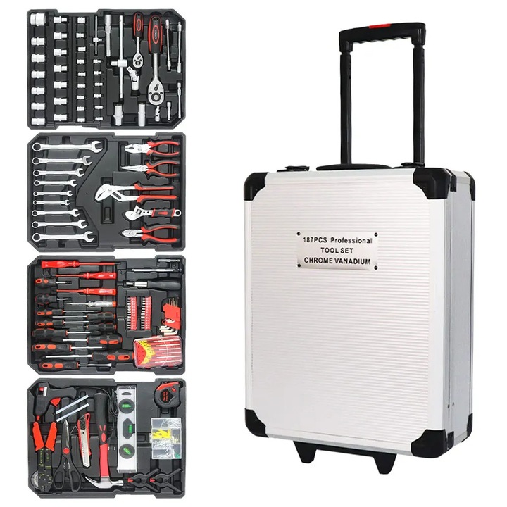 Кутия за инструменти, компактен дизайн, 4 слоя, алуминий и пластмаса, с колела, 187 бр.