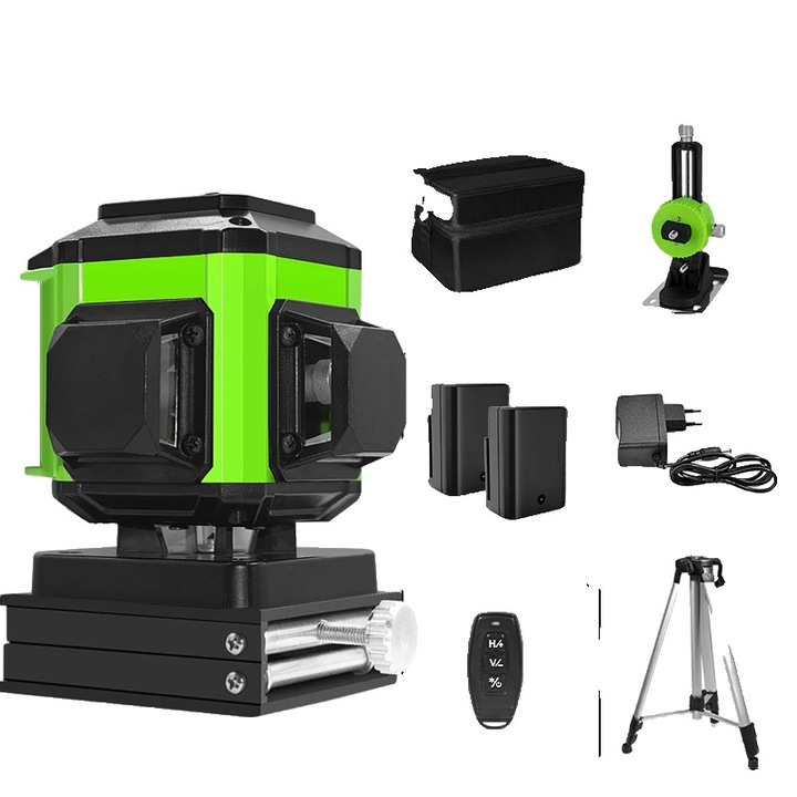 4D зелен лазерен нивелир, самонивелиране, дистанционно управление, 2 батерии, магнитна стойка, чанта, статив 1,5 м