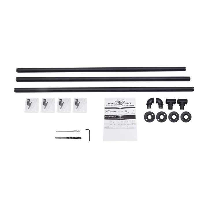 Balustrada de perete pentru scari, Mana curenta, Teava de fier galvanizat, 3, 66 m lungime totala, Rezistenta la rugina si caldura, Siguranta sporita, Negru