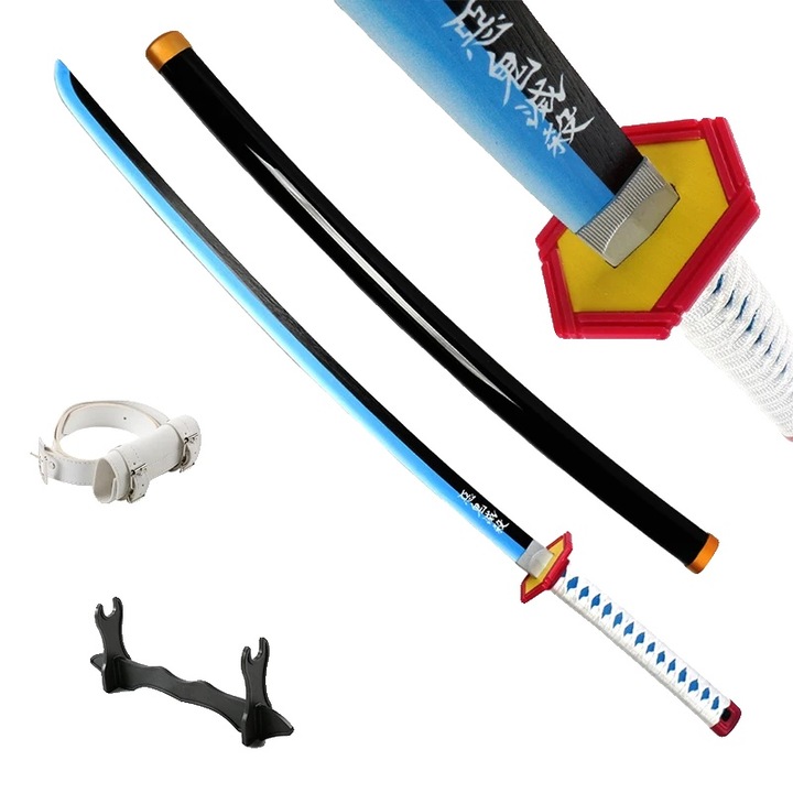 Katana Anime, lungime 104 cm, lama usoara din bambus, albastru Giyuu