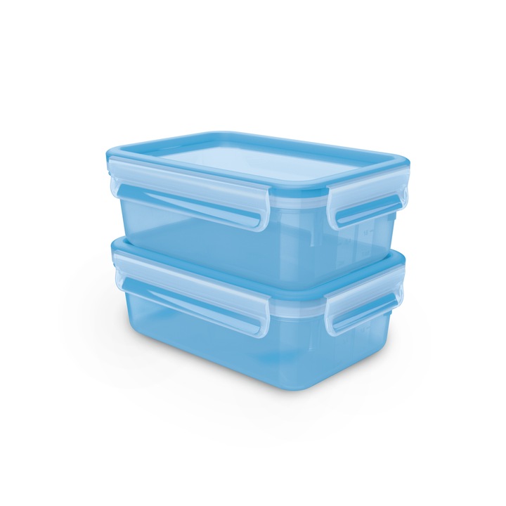Set de 2 caserole Tefal MasterSeal Essential, 1L, fara BPA, garnitura din silicon, 100% etans, compatibila cuptor cu microunde, albastru & transparent