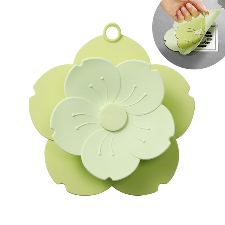 Capac de drenaj multifunctional, Functia de drenaj acopera 2 in 1, filtru de par, poate apasa comutatorul, Material PVC, verde, 18.5 * 17.5 cm, set 1 buc