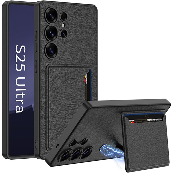 Telefontok, PsAyl®, kártyatartóval, állvánnyal, mágneses, ütésálló tok, bőr, Samsung Galaxy S25 Ultra készülékhez, fekete