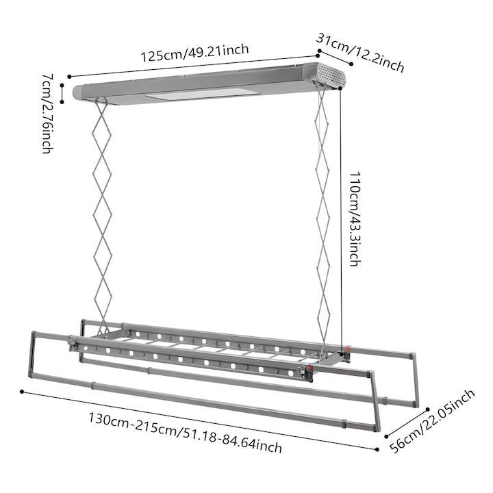 Uscator de rufe electric telescopic, montare pe tavan, lungime reglabila 130-215 cm, capacitate de incarcare 35 kg, gri deschis