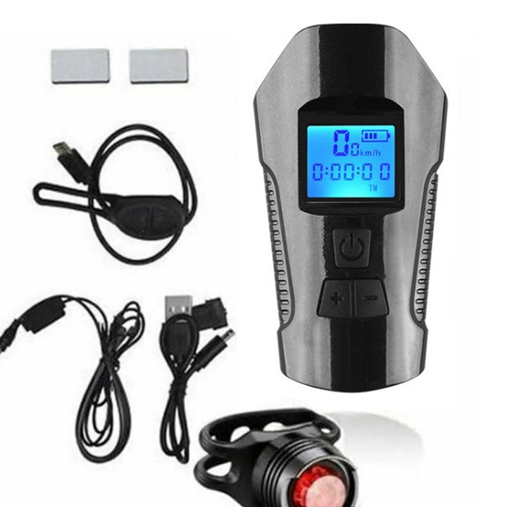 Kerékpár lámpa szett sebességmérővel, 120DB kürt, 350 lumen, USB, vízálló