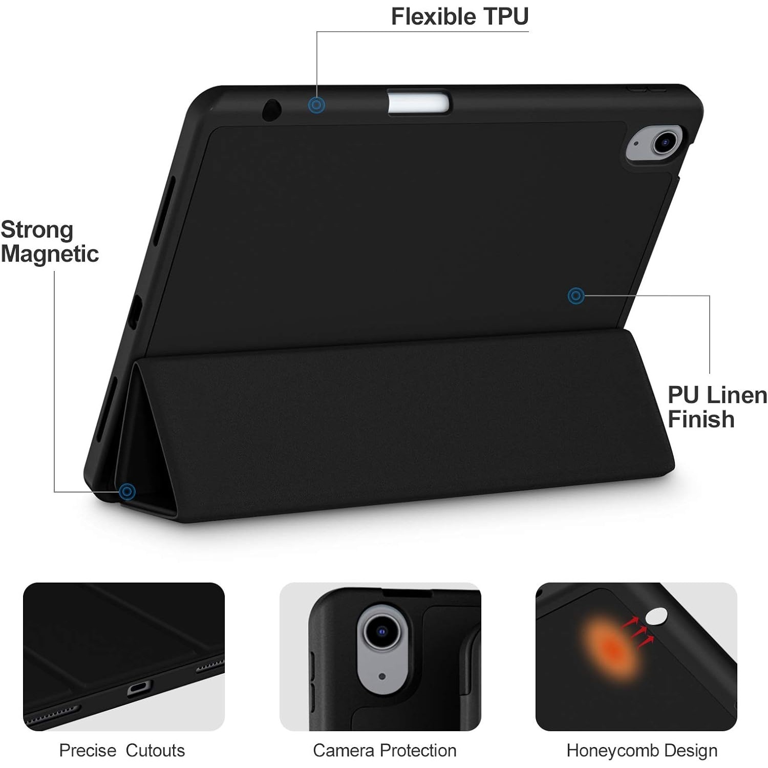Husa pentru tableta pentru Apple iPad Air 11-inch M2 2024, Pro 11-inch, Air 4 si 5th, 6th/4th Generation Sleeves 2022/2020 10.9-inch cu suport pentru creion, functie de trezire/somn automata, negru