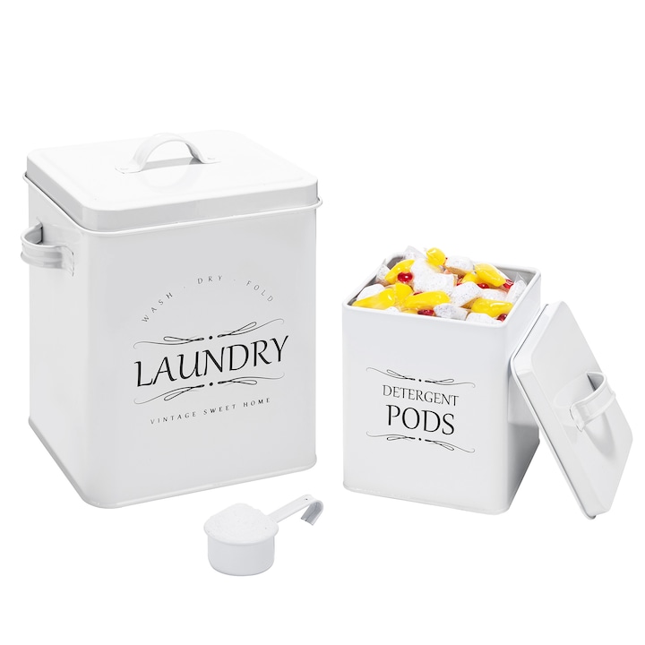 Set Cutii Depozitare Detergent, Meraki Home, Cutie Mare pentru detergent praf si Cutie Medie pentru capsule, Capac Ermetic, Lingura pentru Dozare, Alb Lucios