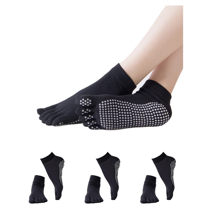 Set 3 perechi de Sosete sport yoga, Bumbac, respirant, granule PVC antiderapante, design cu degete separate, model scurt, gura elastica, potrivit pentru fitness, pilates, balet, dans, marimi 35-40, negru