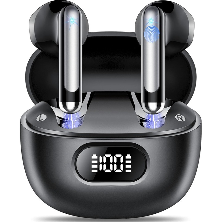 Casti wireless bluetooth, Talzov®, Earbuds Fara Fir, cu Display LED Inteligent, Touch Control, Bluetooth 5.3, Autonomie 40 ore, Compatibilitate Universala, Negru