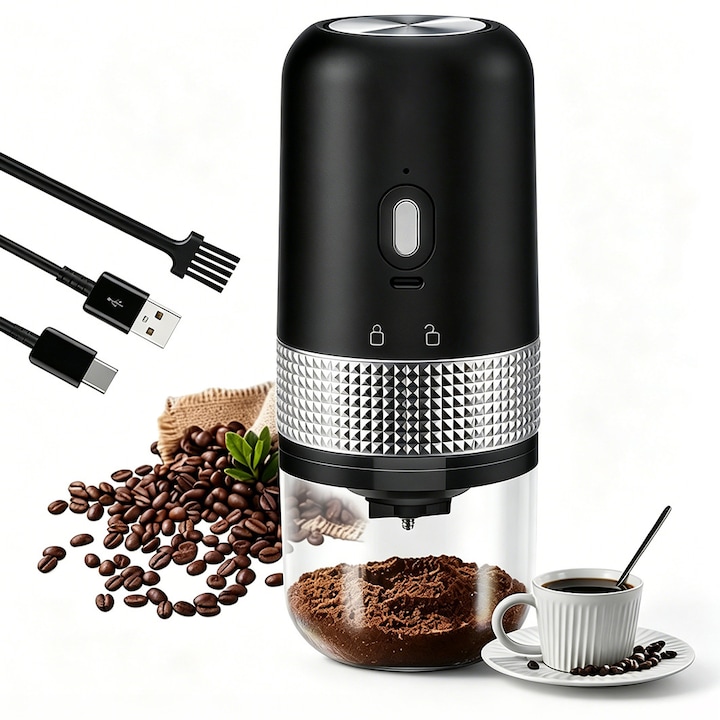 Rasnita de Cafea Electrica, Yulinland, Burghiu ceramic, capacitate macinare 30g boabe, Granulatie de macinare reglabila, cu perie curata, Detasabil si Lavabil, Incarcare Type-C, 1250mAh, Negru