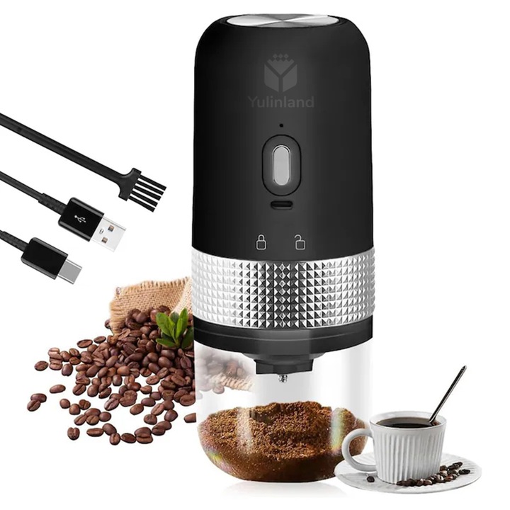 Rasnita de Cafea Electrica, Yulinland, Burghiu ceramic, capacitate macinare 30g boabe, Granulatie de macinare reglabila, cu perie curata, Detasabil si Lavabil, Incarcare Type-C, 1250mAh, Negru