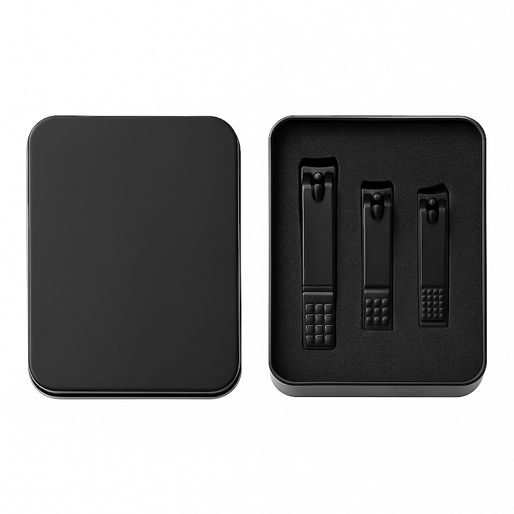 3 darabos professzionális körömvágó készlet manikűrhöz és pedikűrhöz, matt fekete, szénacélból, precíz vágás