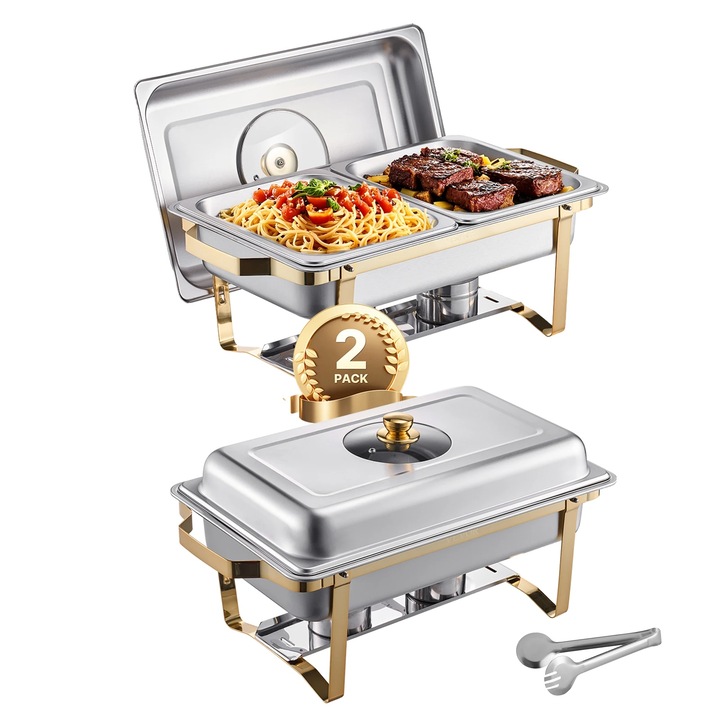 Комплект тави Gastronorm, 2 части, златисти, вместимост 8 литра, с поставка за вода, щипки