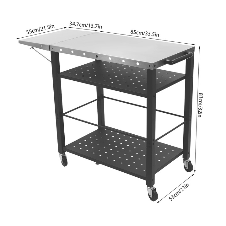 Masa de gratar, 4 niveluri, mobila cu roti, neagra, 80x50x83cm