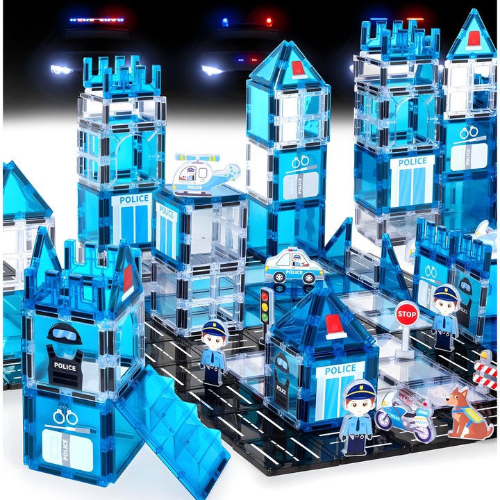 Set de blocuri de constructie magnetice, Excitat®, 42 piese, Sectia de politie, caine K-9 si vehicule de securitate, STEM educational, compatibil cu marci principale, materiale sigure ABS, 3 ani+