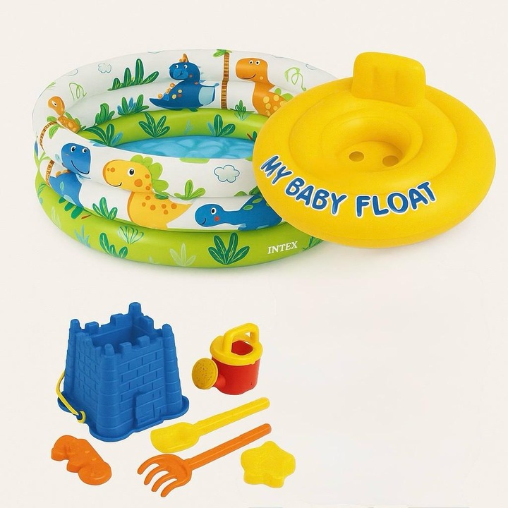 Nyári csomag babáknak - Dinoszaurusz medence + Ülőgyűrű + Homokozó játékok, 6 hónapos kortól