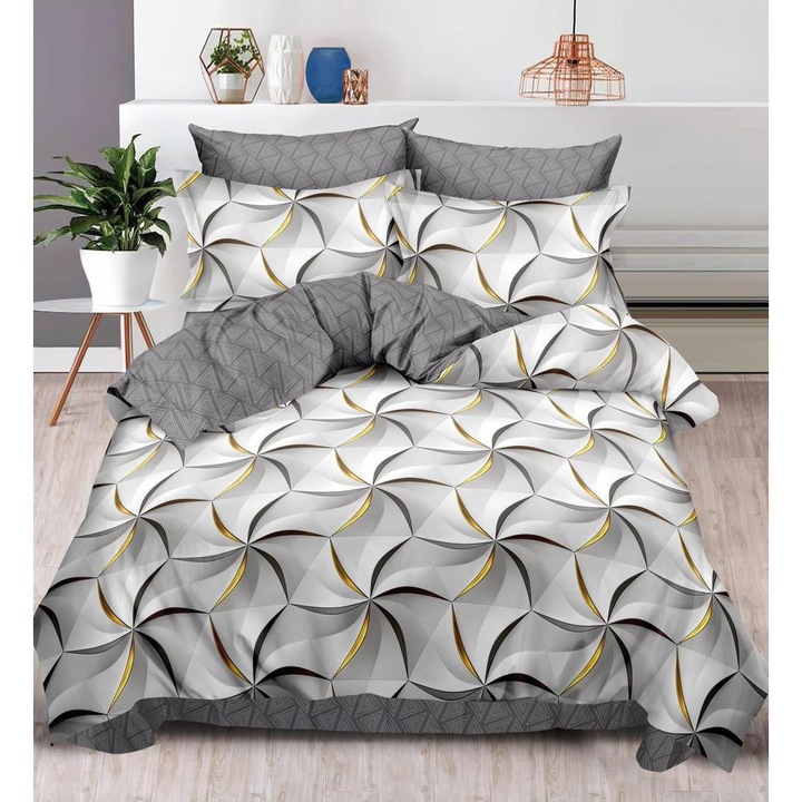 Set Lenjerie de Pat CHIRASO, 6 Piese, FINET, pentru 2 Persoane, Cearceaf cu elastic 180x200 cm, Husa Pilota 200x230 cm, 4 Fete de Perna, cu Imprimeu Elegant, gri deschis