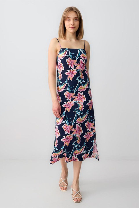 JIMMY KEY, Rochie midi din amestec de in cu model floral si slit lateral, Roz/Bleumarin