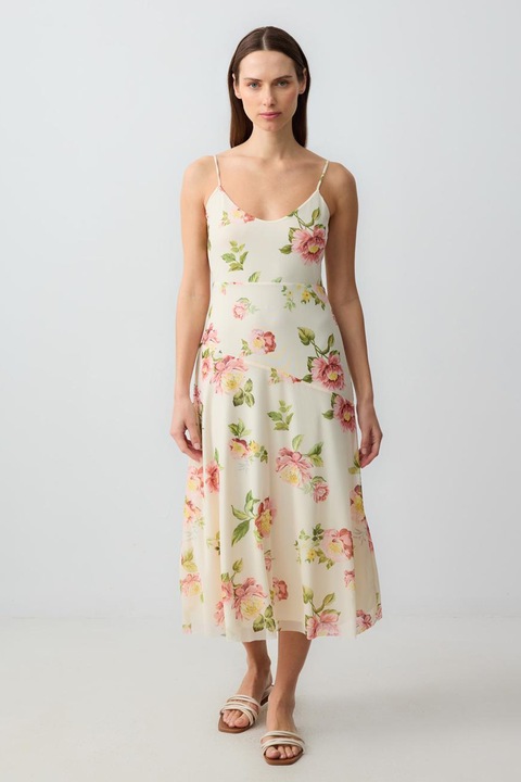 JIMMY KEY, Rochie midi evazata cu bretele inguste, Roz/Bej deschis