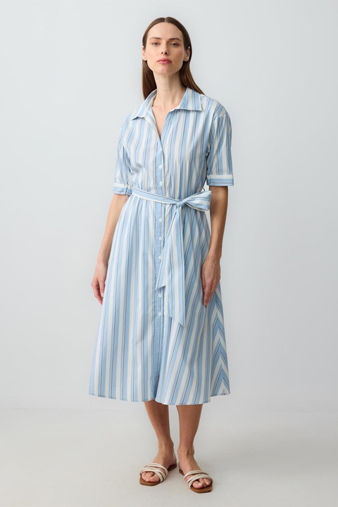 JIMMY KEY, Rochie-camasa midi cu buzunare laterale, Alb/Albastru deschis