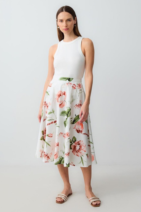 JIMMY KEY, Fusta midi cu model floral, Verde/Alb murdar/Roz