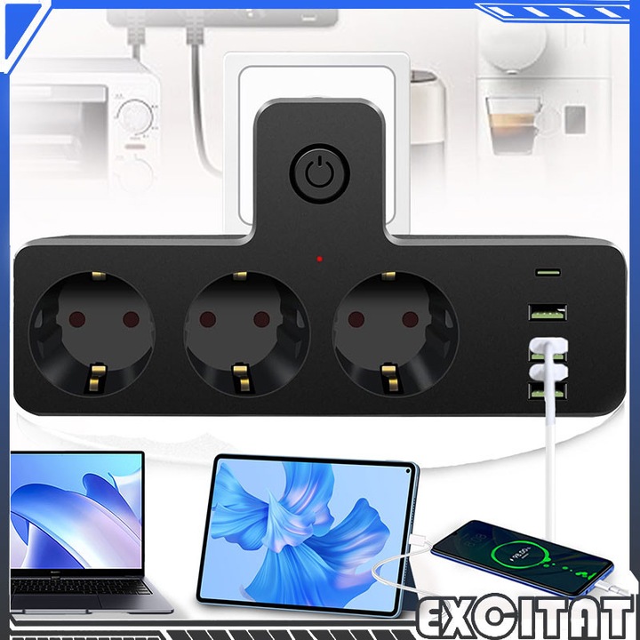Европейски стандартен разклонител с множество портове, 7 в 1, Excitat®, 2500W, 16A, 240V, с 3 USB порта и 1 Type-C интерфейс, Множество контакти, С независими превключватели, Безопасен дизайн, Подходящ за дома, офиса и пътувания, Черен