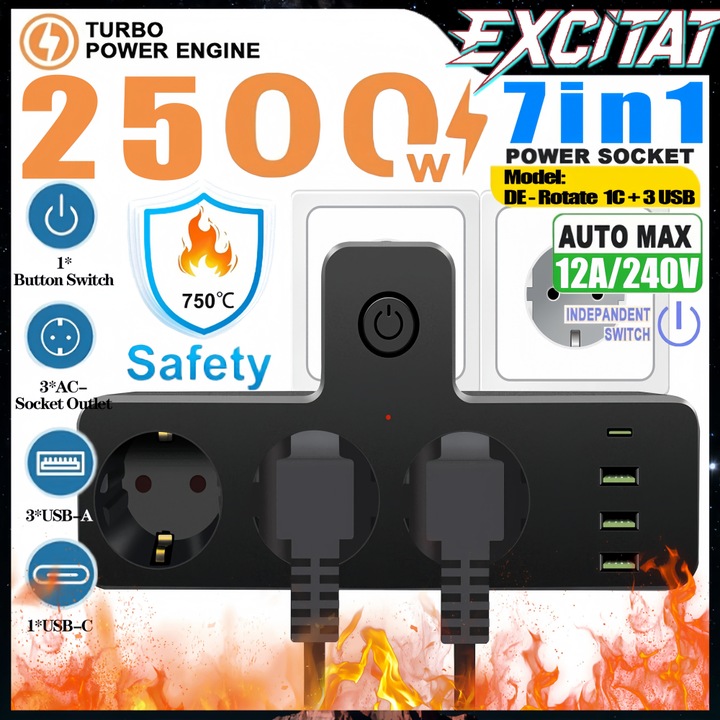 Prelungitor de prize multi-port standard european, 7 in 1, Excitat®, 2500W, 16A, 240V, Cu 3 porturi USB si 1 interfata Type-C, Prize multiple, Cu intrerupatoare independente, Design sigur, Potrivit pentru acasa, Birou si calatorii, Negru