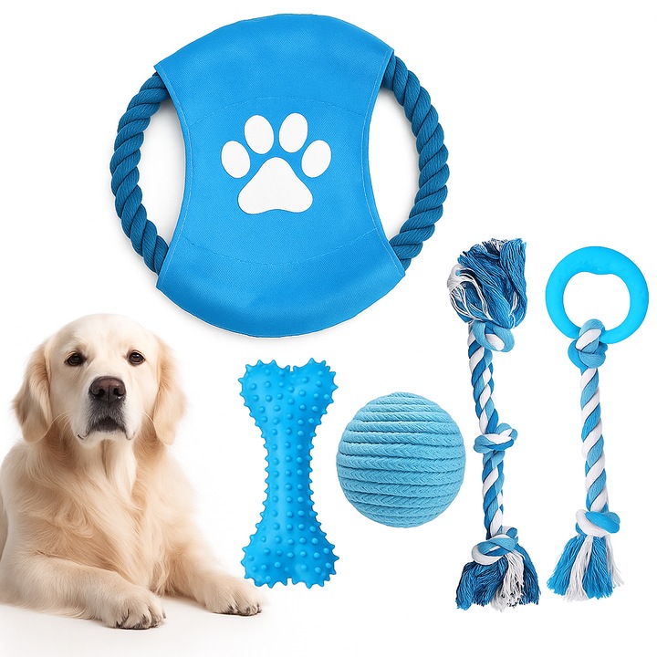 Kutyajáték-készlet, 5 darabos, interaktív, rágásálló, kék
