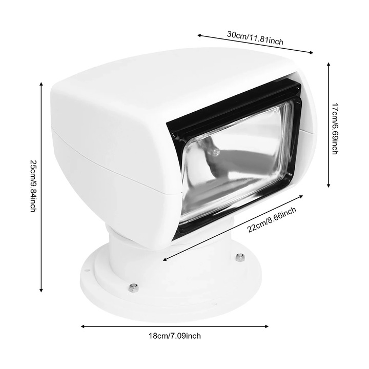 Proiector de cautare pentru barca, Halogen, 100 W, DC 12 V, 2500 lm, Cu telecomanda, Reglabil, raza lunga, Alb