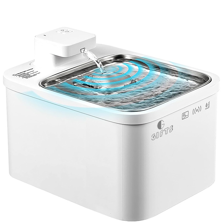 Dozator automat de apa pentru pisici si caini, ultra-silentios, 4 moduri de baut, wireless, 5200 mAh (50-60 zile), sistem de circulatie si filtrare cu carbon activ, 4L, alb