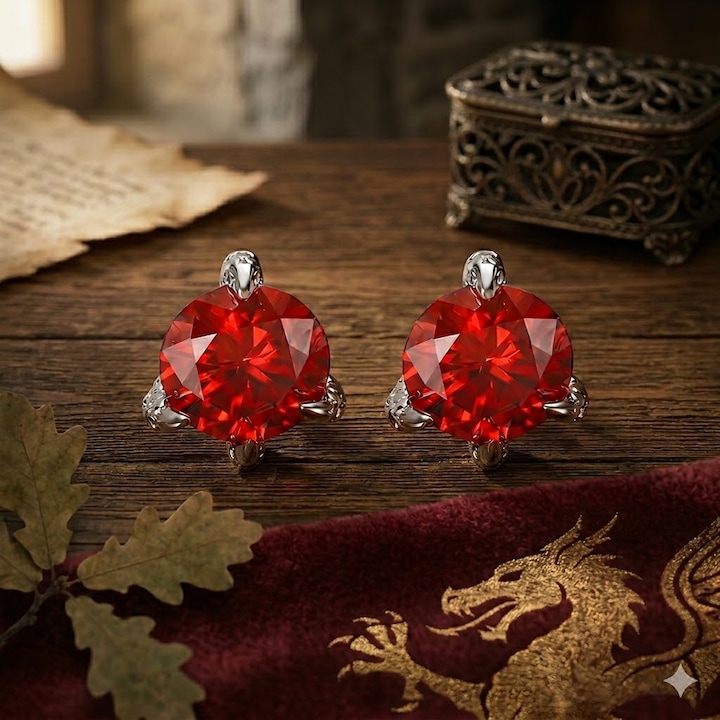 Cercei Stud, Charmorah, Design Gheara de Dragon cu Piatra Rosie, Aliaj Hipalergenic, Cutie Cadou Inclusa, 10mm, Rosu/Argintiu