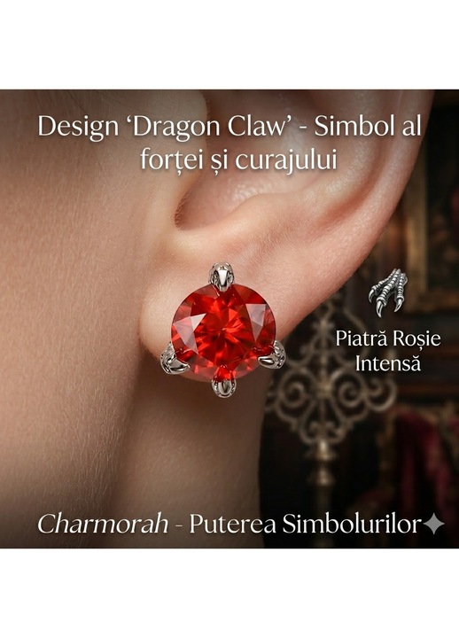 Cercei Stud, Charmorah, Design Gheara de Dragon cu Piatra Rosie, Aliaj Hipalergenic, Cutie Cadou Inclusa, 10mm, Rosu/Argintiu