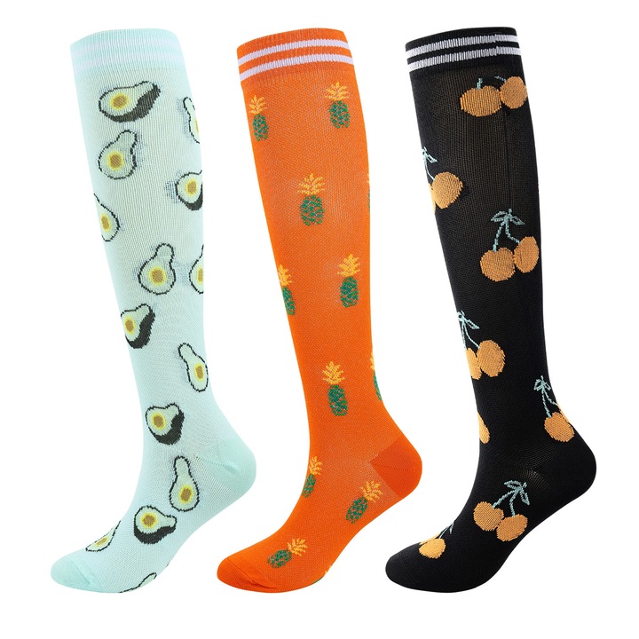 Set 3 perchi sosete compresive, GOGOU®, cu model Fructe, Unisex, favorizeaza circulatia sangelui, respirabil, amelioreaza oboseala, 20-30 mmhg, M, Multicolor
