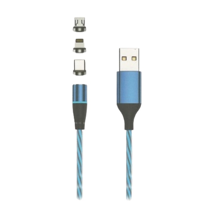 Cablu Setty 3 in 1 - USB - Lightning / Type-C (USB-C) / MicroUSB compatibil cu capete magnetice interschimbabile, cablu albastru 2, 4A, 1 m