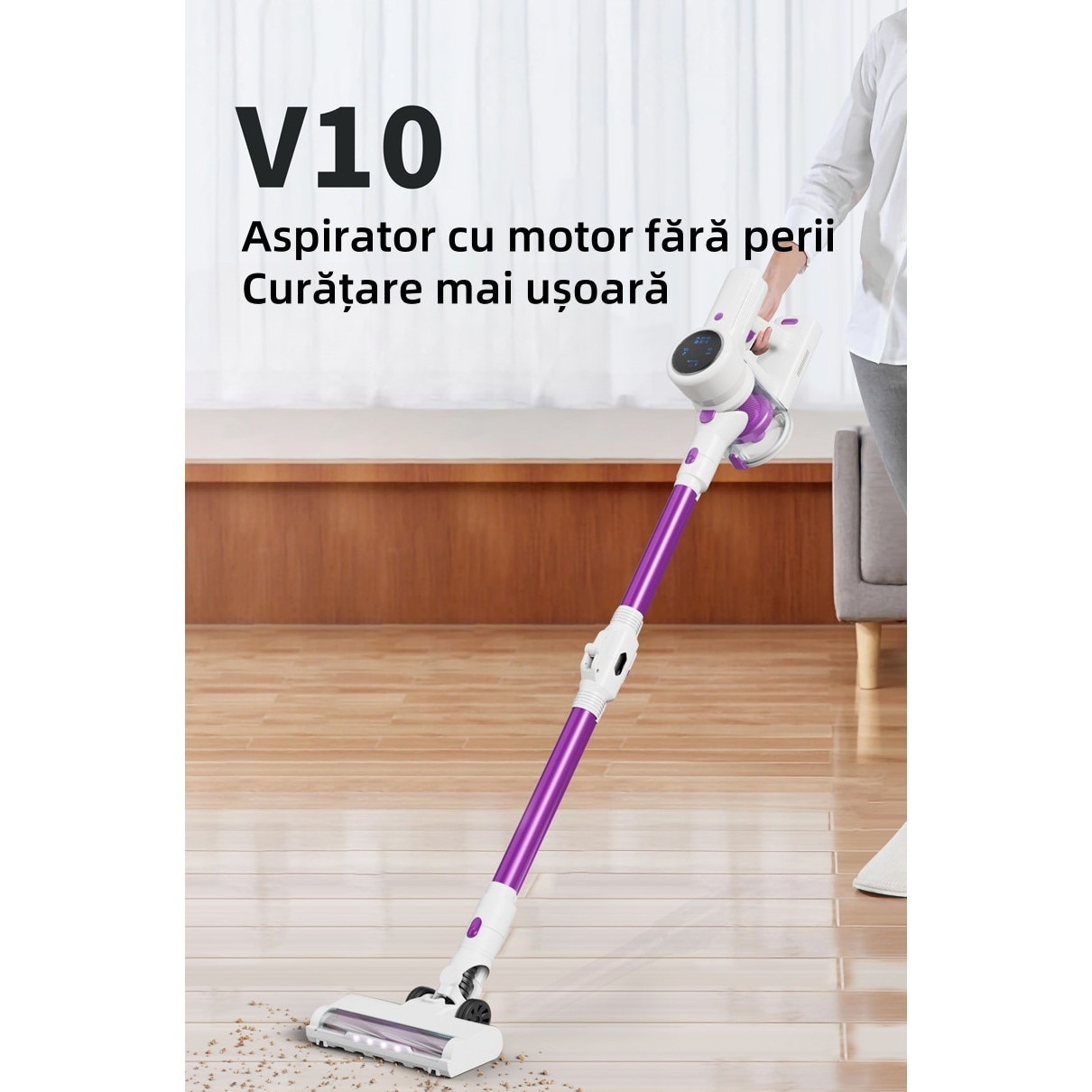 Aspirator vertical fara fir, 350W, 27KPa, reglare in 3 viteze, filtrare de inalta eficienta cu sase straturi, potrivit pentru curatenia casnica, tub pliabil, violet