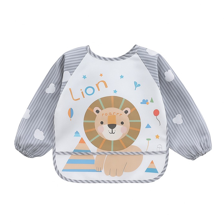 Nem szőtt anyagból készült, mintás előke, könnyen tisztítható, puha, szürke