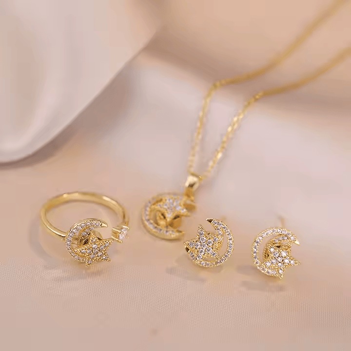 Комплект бижута със звезда и луна, позлатени с 18-каратово злато, въртящ се медальон и кристали, Polly