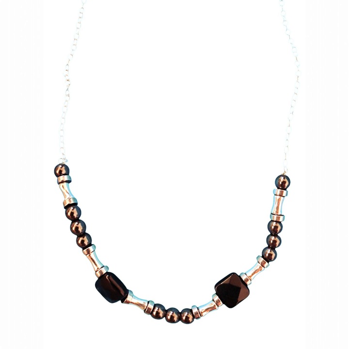 Colier argint 925 si pietre semipretioase onix si hematit, handmade, creatie proprie. Lungime 51 cm