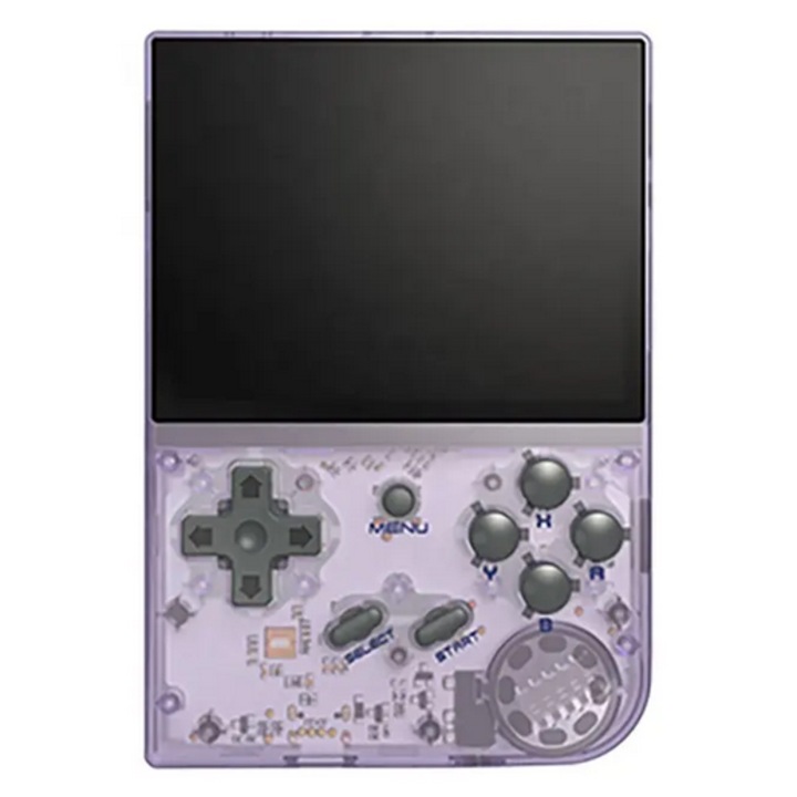 Consola de jocuri portabila Anbernic RG35xx+ 2024, ecran IPS 3.5 inch, 64GB 6000 jocuri incluse, baterie 3300 mAh, Mov Transparent